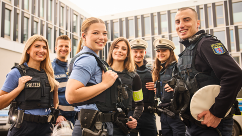Gruppe aus sieben junger, uniformierter Polizeibeamtinnen und Polizeibeamten stehen aufgereiht und lächeln in die Kamera