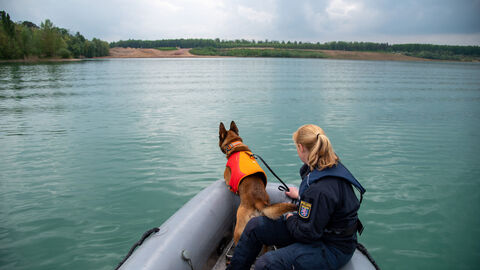 Von hinten: Diensthund mit Diensthundeführerin auf einem Boot bei der Arbeit.
