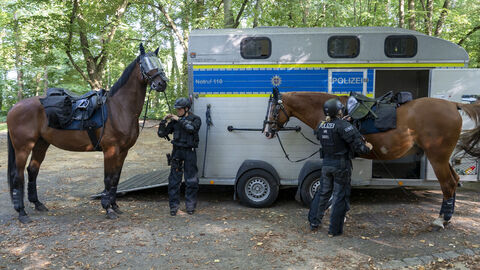 Zwei Polizistinnen rüsten zwei Pferde vor einem Polizei-Pferdetransporter für den Einsatz aus