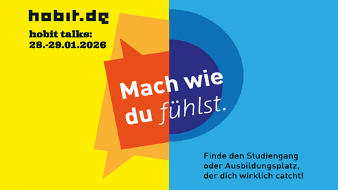 In der Mitte sieht man das Logo inklusive des Slogans „Mach wie du fühlst“ der HOBIT. In der linken oberen Ecke steht das Daum der Veranstaltung und in der rechten unteren Veranstaltung findet man einen Schriftzug „Finde den Studiengang oder Ausbildungsplatz, der dich wirklich catcht!“.